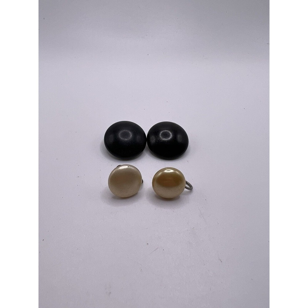 Vintage Clip On and Screw Back Earring Lot Black Button Cream Pearl 2 Pairs